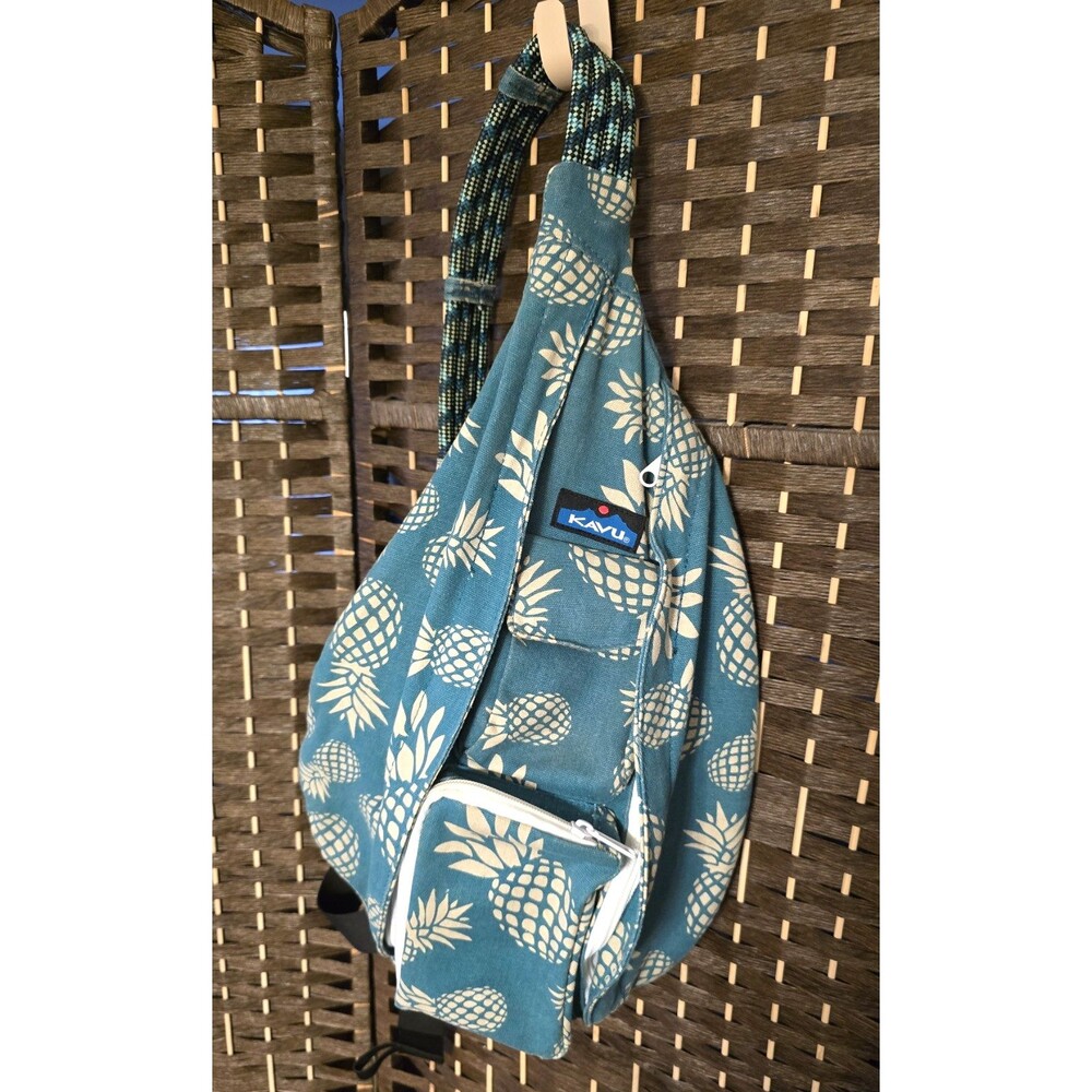 KAVU Rope Sling Bag Crossbody Teal Pineapple Backpack Adjustable Strap Travel